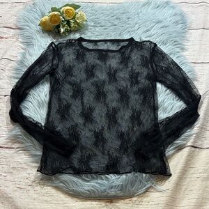 Embroidered Mesh Sheer Black Long Sleeve Top sz XS